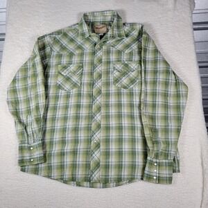 Wrangler Western Snap Shirt Mens XL Green Plaid Metallic‎ Tinsel Pearl Button